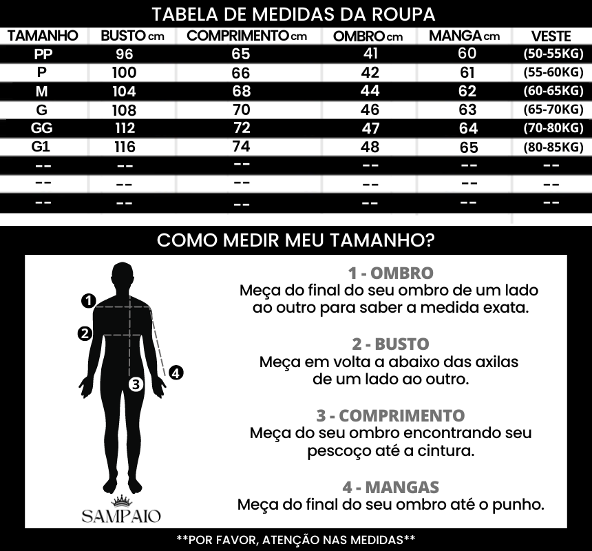 Tabela de medidas www.lojasampaio.com.br
