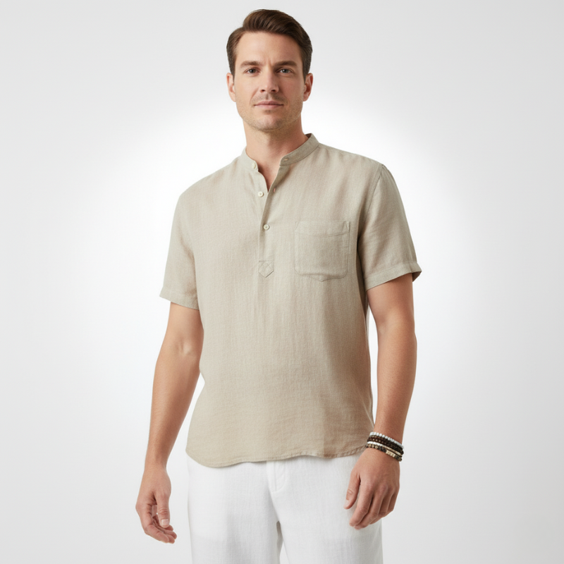 Camisa Manga Curta em Linho Masculina Sampaio® Cáqui www.lojasampaio.com.br