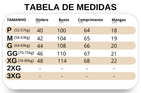 Tabela de Tamanaho Loja Sampaio