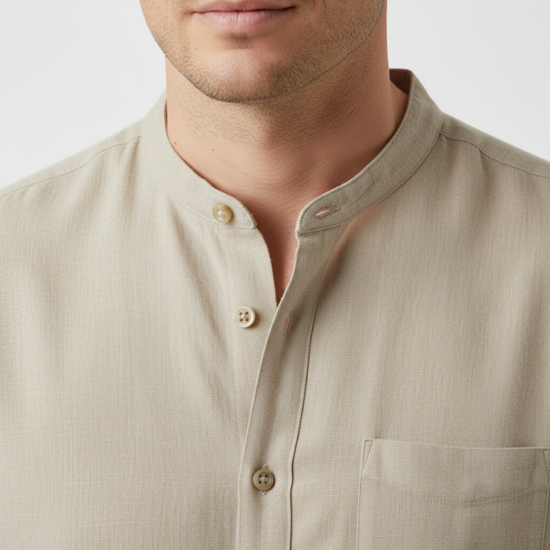 Camisa Manga Curta em Linho Masculina Sampaio® detalhes gola