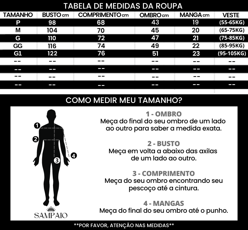 Tabela de medidas www.lojasampaio.com.br